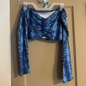 Blue snake skin off the shoulder crop top